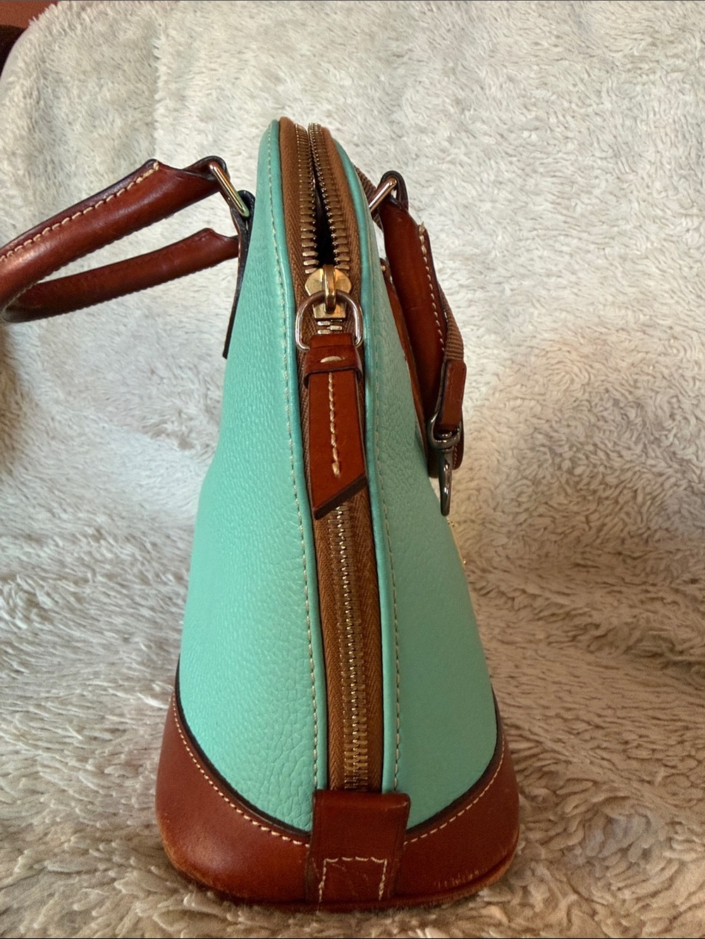 Dooney & Bourke Aqua Pebble Leather Satchel with Brown Trim and Handles - Picture 7 of 13